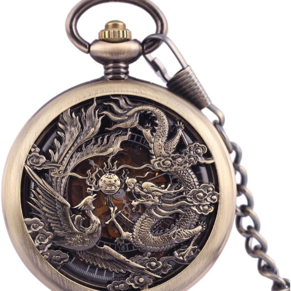 Bronze NIB Dragon Pocket Watch/Chain